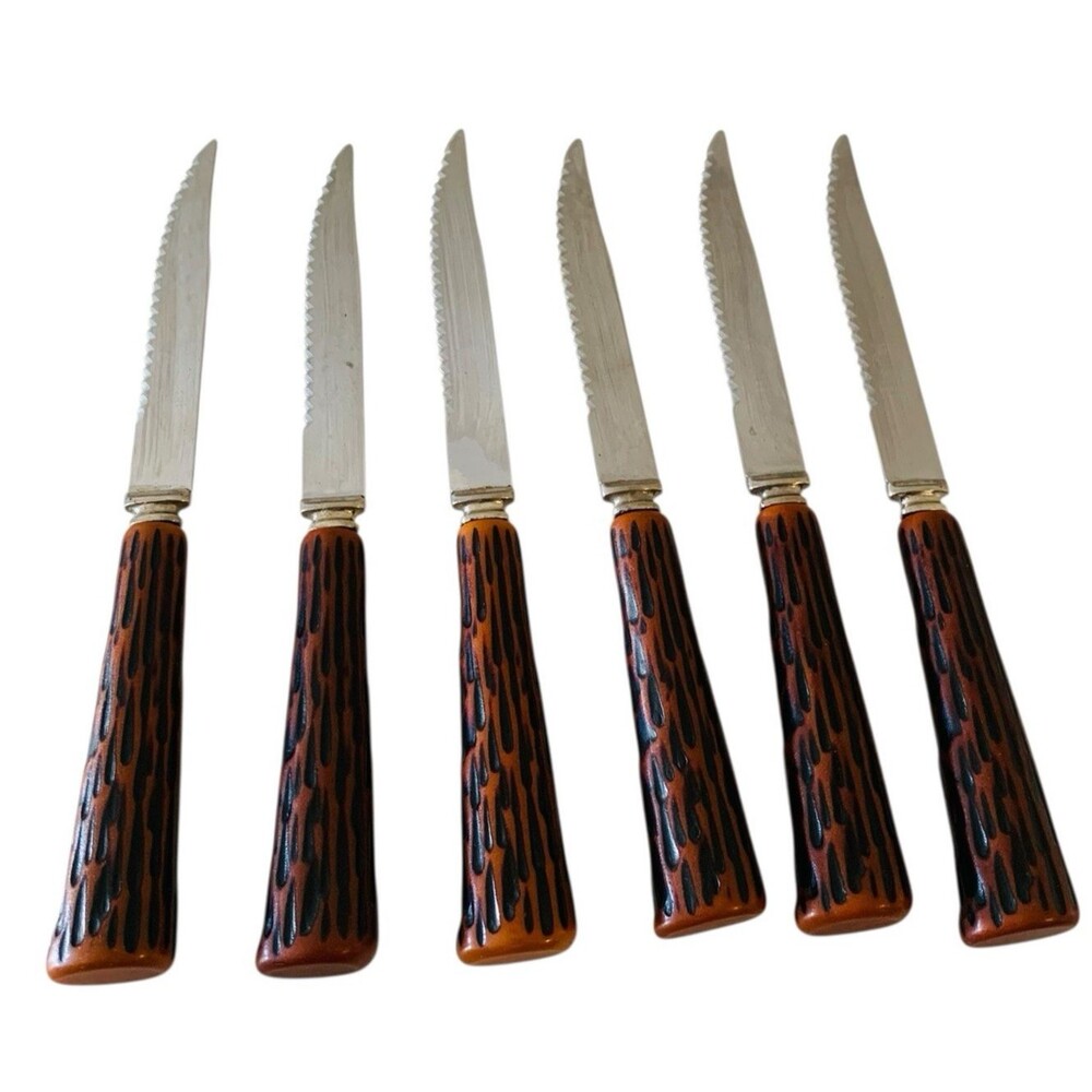 Vtg 6-Pcs Sheffield Stainless Steel Steak Knife Set Faux Bone Handle England 8"